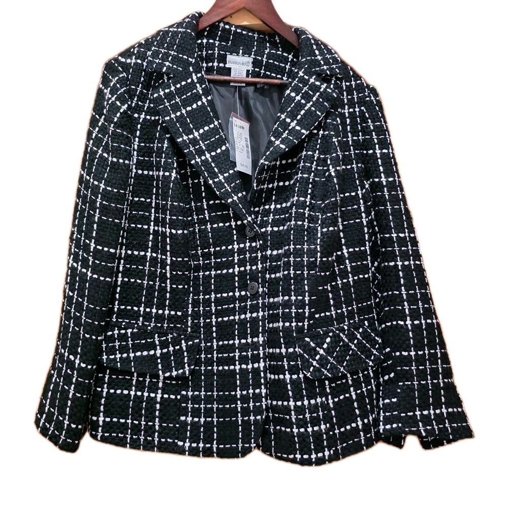 NWT Fashion Bug Women's 14/16W Black and White Tweed Blazer Jacket Y2K Plus Size